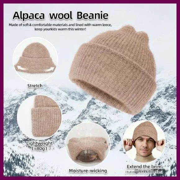 Alpaca Wool Beanie Fuzzy Soft Knit Lightweight Winter Hat Unisex Gift